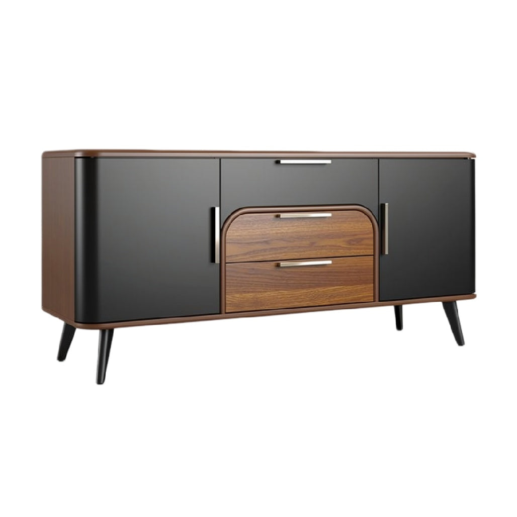 Moderne houten TV-kast met zwarte accenten en lades