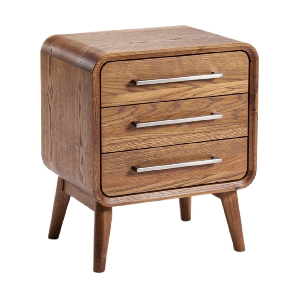 Technische Titel: "Moderne Houten Nachttafel met Drie Lades en Stalen Handgrepen"