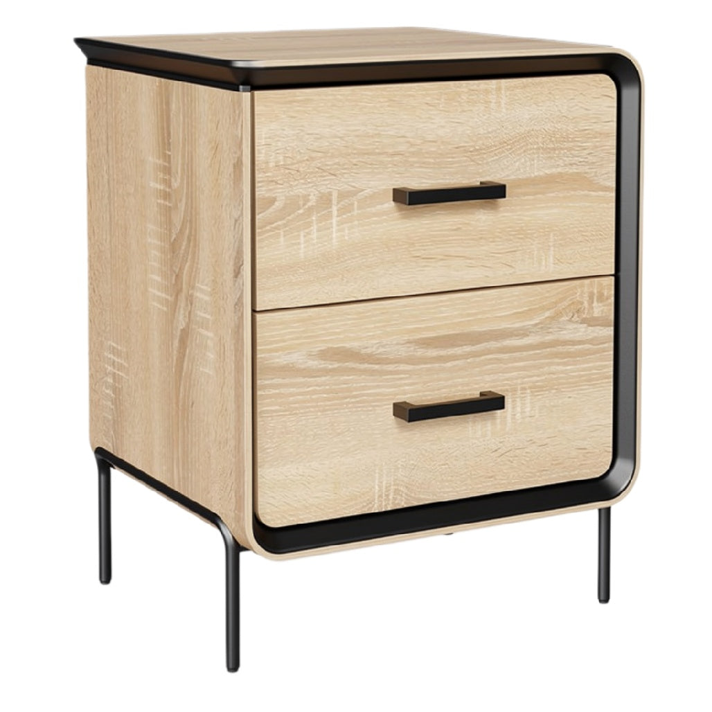 Moderne Nachtkastje met Houten Afwerking en Zwarte Accenten